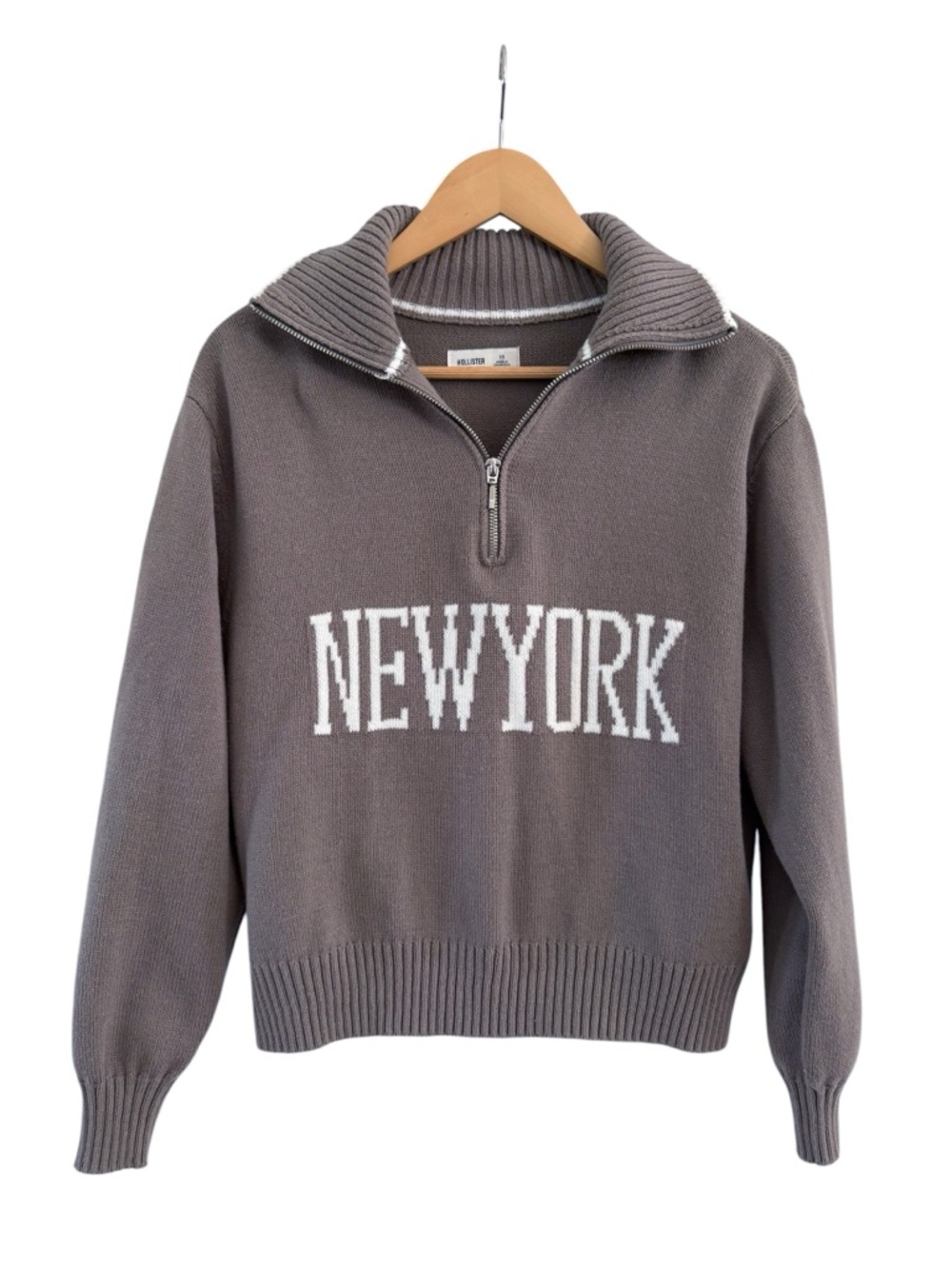 Hollister Knit New York Graphic 1/4 Zip Pullover Sweater Brown Women’s Size XS